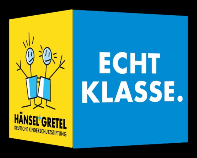 Logo des Präventionsprojekts „Echt Klasse!“ der Deutschen Kinderschutzstiftung Hänsel+Gretel mit zwei illustrierten Figuren sowie dem Schriftzug auf blau-gelbem Hintergrund.