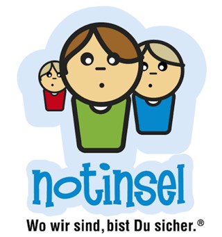 Logo des Kinderschutzprojekts „Notinsel“ mit drei stilisierten Kinderfiguren und dem Slogan „Wo wir sind, bist Du sicher.“ auf hellem Hintergrund.