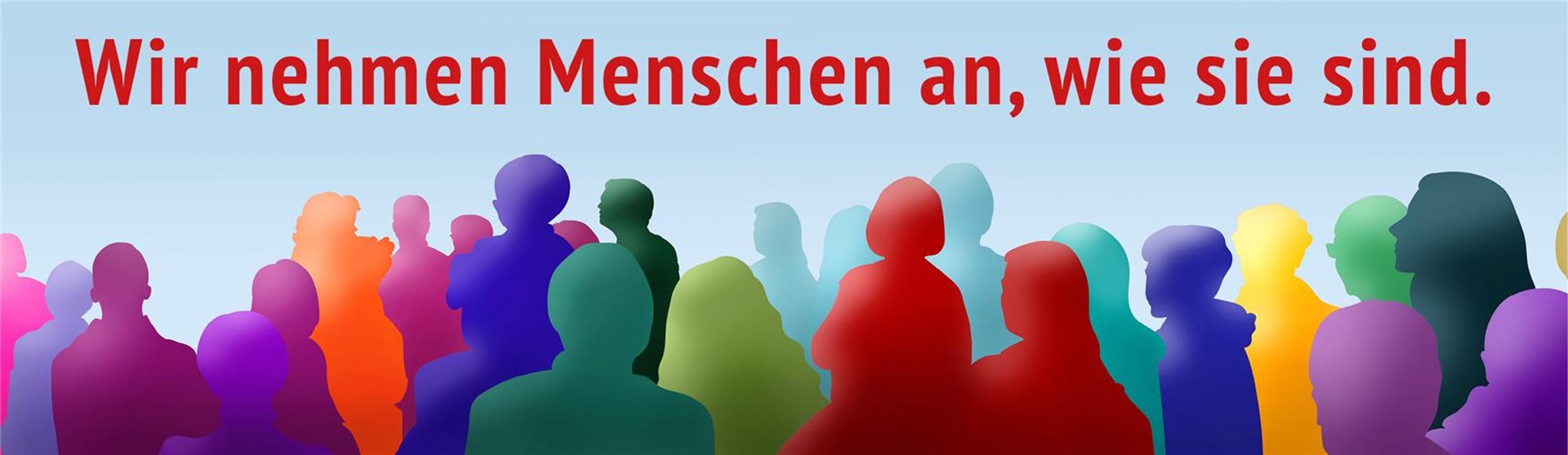 Grafik viele unterschiedliche Menschen, bunt, mit Headline "Menschen annehmen wie sie sind"